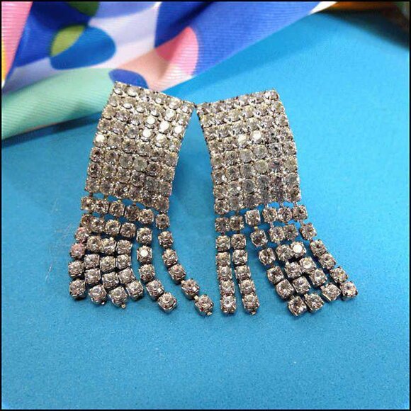 1950s Art Deco Chandelier Pierced Earrings Chic Cube Rhinestone Midis - Picture 4 of 6
